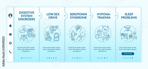 Antidepressant drugs side effects onboarding vector template. Digestive system disorder. Hyponatraemia. Responsive mobile website with icons. Webpage walkthrough step screens. RGB color concept