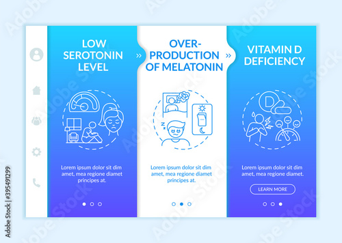 Seasonal affective disorder causes onboarding vector template. Melatonin overproduction. Low serotonin level. Responsive mobile website with icons. Webpage walkthrough step screens. RGB color concept