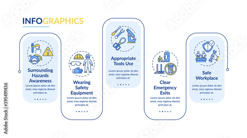 Workplace safety elements vector infographic template. Hazards awareness presentation design elements. Data visualization with 5 steps. Process timeline chart. Workflow layout with linear icons