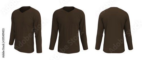 men's long-sleeve t-shirt mockup in front, side and back views, design presentation for print, 3d illustration, 3d rendering