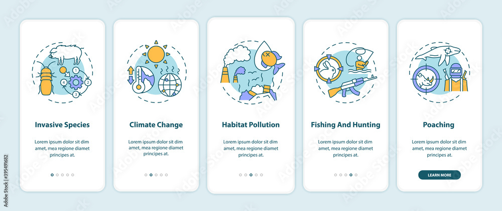 Environmental damage onboarding mobile app page screen with concepts. Ecology. Biodiversity loss walkthrough 5 steps graphic instructions. UI vector template with RGB color illustrations