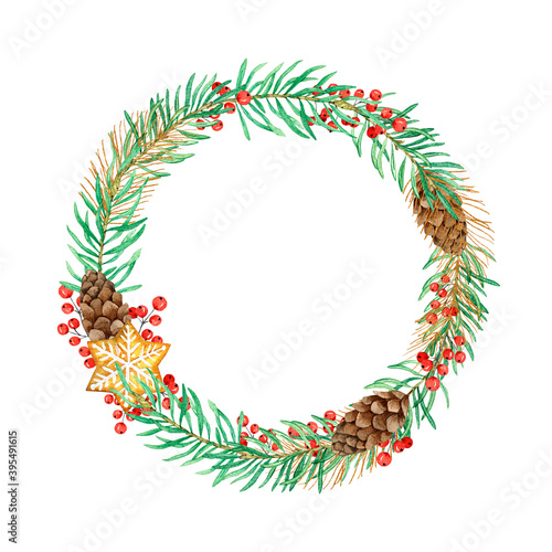 Watercolor Christmas frame made of fir  cones  berries with a gold element isolated on a white background. For Christmas design  greeting cards  invitations. Hand drawing.
