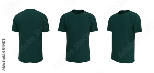 men's short- sleeve t-shirt mockup in front, side and back views, design presentation for print, 3d illustration, 3d rendering
