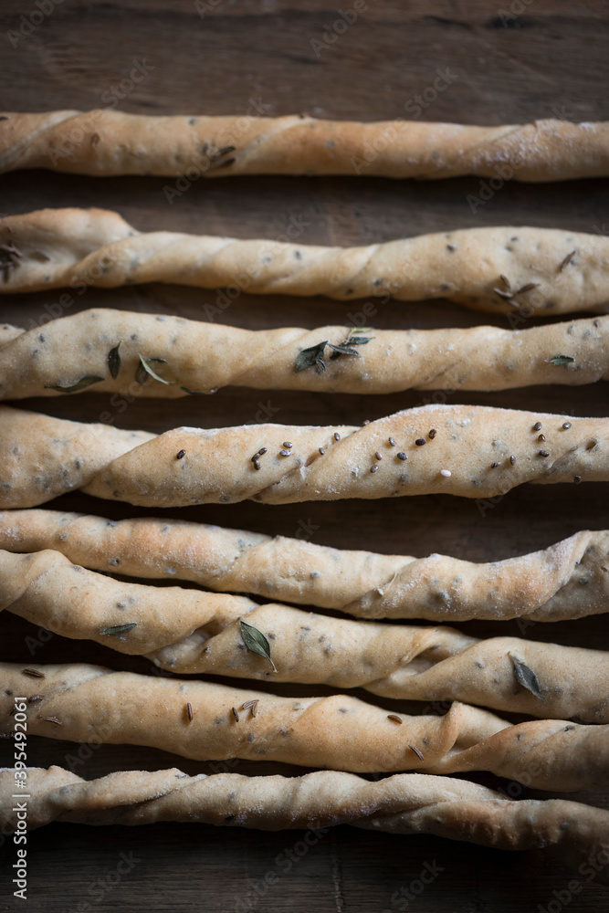 Homemade grissini with thyme, chia seeds and cumin Homemade grissini with thyme, chia seeds and cumin