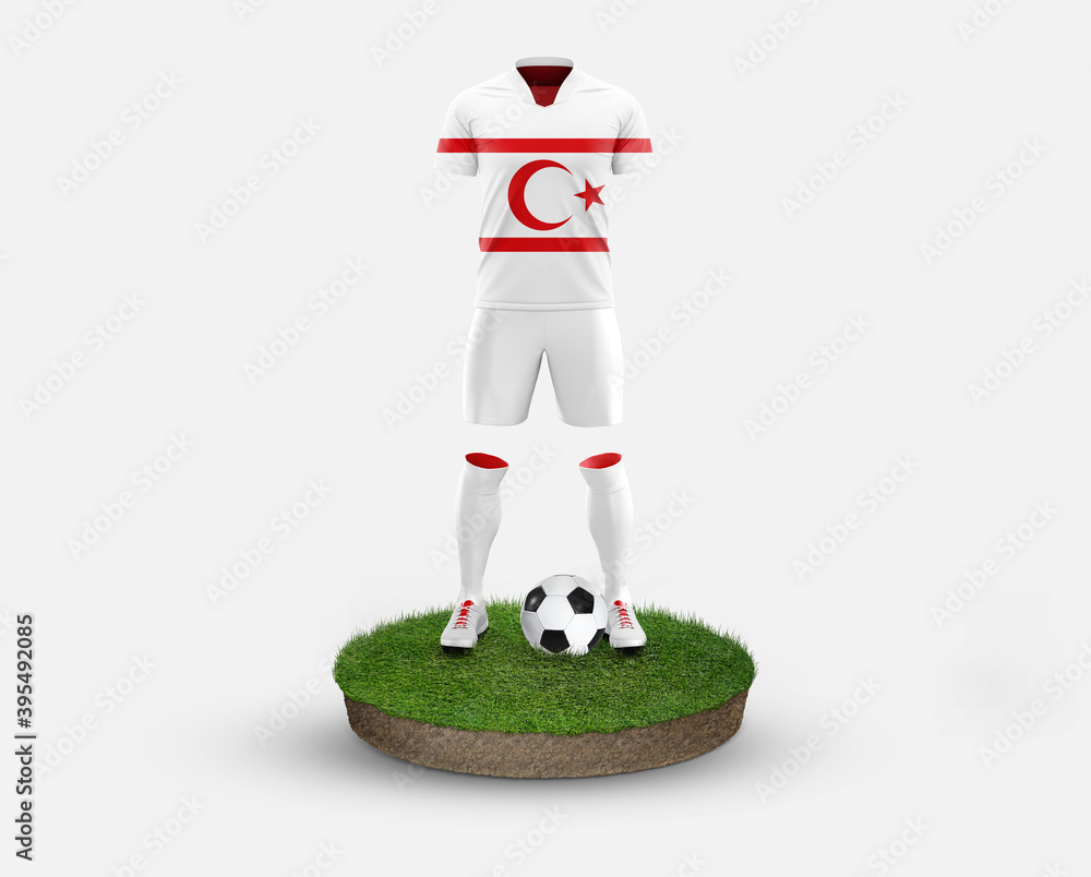 Northern Cyprus soccer player standing on football grass, wearing a national flag uniform. Football concept. championship and world cup theme.