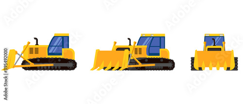 Bulldozer in different angles. Special machinery in cartoon style.