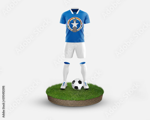 Mariana Islands soccer player standing on football grass, wearing a national flag uniform. Football concept. championship and world cup theme.
