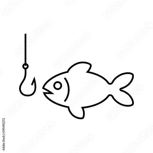 Pesca deportiva. Icono silueta de pescado con anzuelo y sedal con lineas en color negro