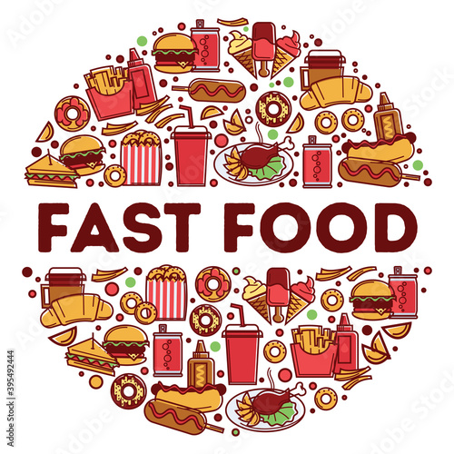 Fast food and beverages in circle, snacks drinks