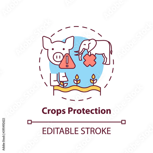 Crops protection concept icon. Harm wildlife from toxic pesticide. Danger to pig, elephant. Animal harm idea thin line illustration. Vector isolated outline RGB color drawing. Editable stroke