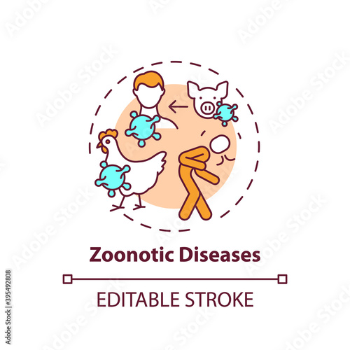Zoonotic diseases concept icon. Bird, pig flu. Swine influenza. Infection from animal. Healthcare idea thin line illustration. Vector isolated outline RGB color drawing. Editable stroke photo