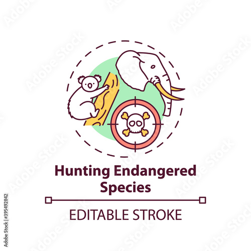 Hunting endangered species concept icon. Biodiversity loss. African animal abuse. Australia wildlife idea thin line illustration. Vector isolated outline RGB color drawing. Editable stroke