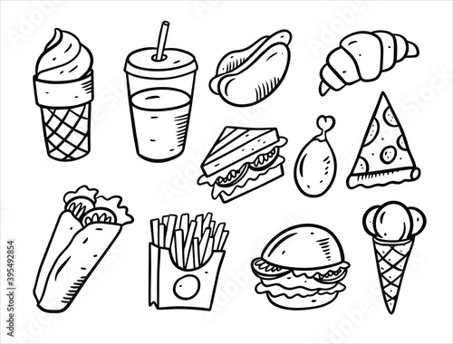 Fast food doodle elements set. Hand drawn black color outline.