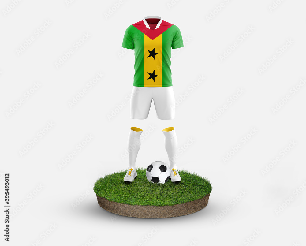 Sao Tome And Principe soccer player standing on football grass, wearing a national flag uniform. Football concept. championship and world cup theme.