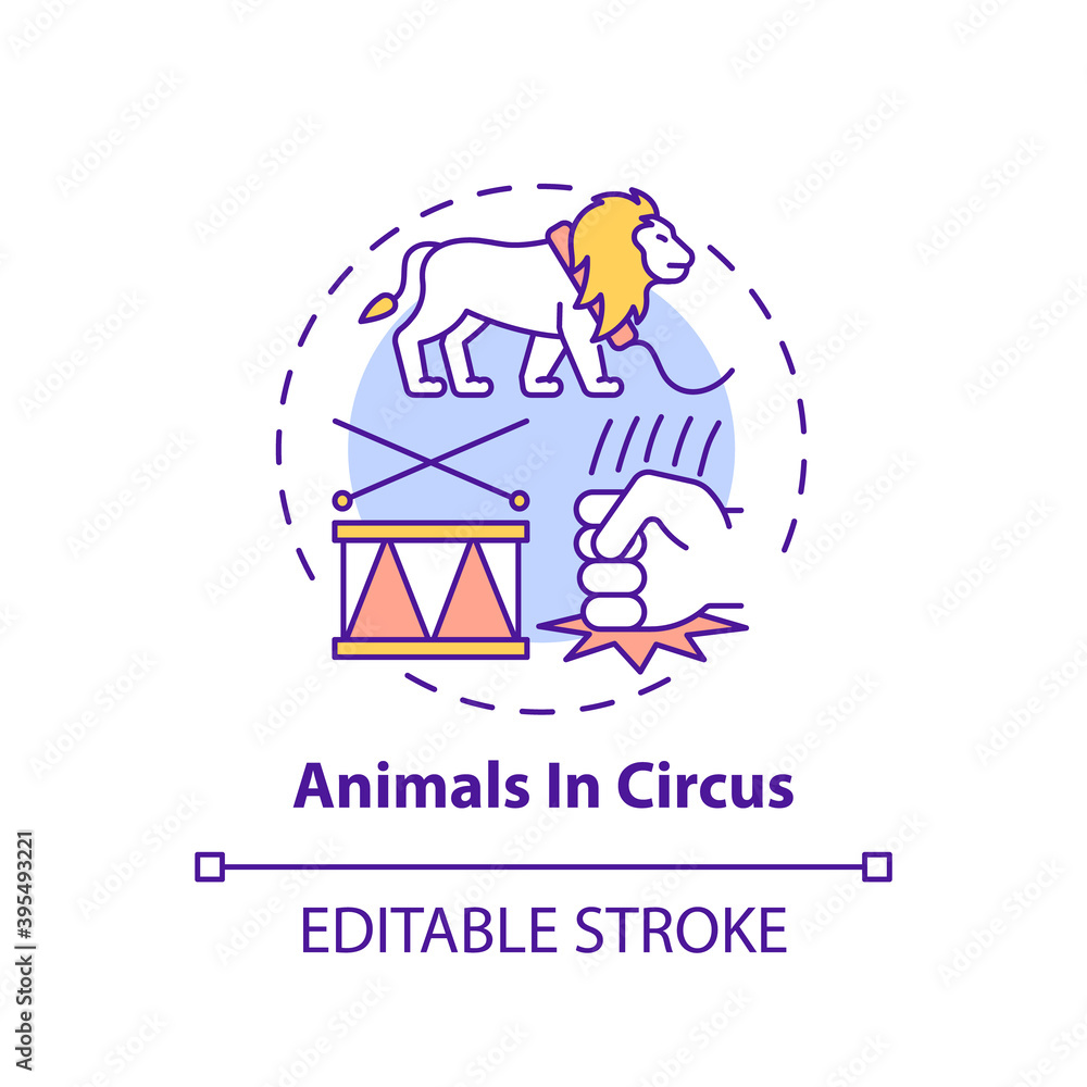 Animals in circuses concept icon. Cruelty for entertainment and amusement. Animal abuse, wildlife harm idea thin line illustration. Vector isolated outline RGB color drawing. Editable stroke Animals in circuses concept icon. Cruelty for entertainment and amusement. Animal abuse, wildlife harm idea thin line illustration. Vector isolated outline RGB color drawing. Editable stroke