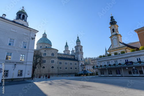 empty street on the place residenzplatz in salzburg during the covid-19 lockdown in november 2020 photo