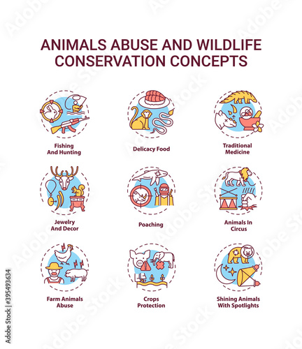 Animal abuse and wildlife conservation concept icons set. Harm to ecosystem. Environmental protection idea thin line RGB color illustrations. Vector isolated outline drawings. Editable stroke