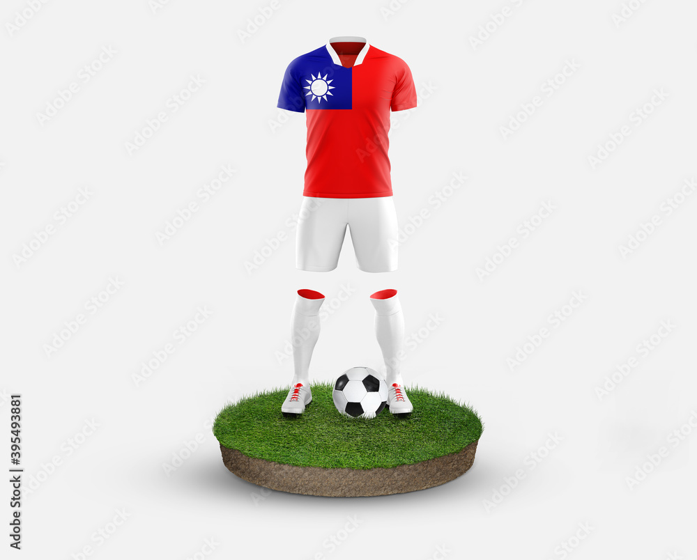 Taiwan soccer player standing on football grass, wearing a national flag uniform. Football concept. championship and world cup theme.