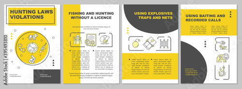 Hunting laws violations brochure template. Fishing without license. Flyer, booklet, leaflet print, cover design with linear icons. Vector layouts for magazines, annual reports, advertising posters