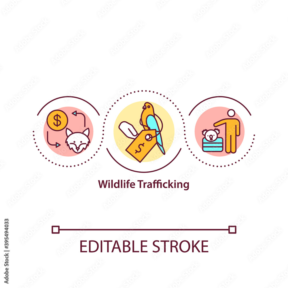 Wildlife trafficking concept icon. Harming wild animals and plants populations idea thin line illustration. Wildlife crime. Vector isolated outline RGB color drawing. Editable stroke