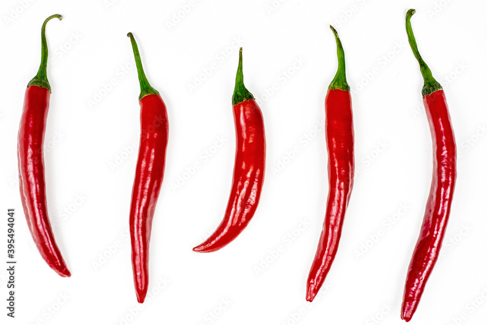 Top view of fresh red hot chilli pepper flat lay set collection isolated on a white background. Top view of fresh red hot chilli pepper flat lay set collection isolated on a white background.