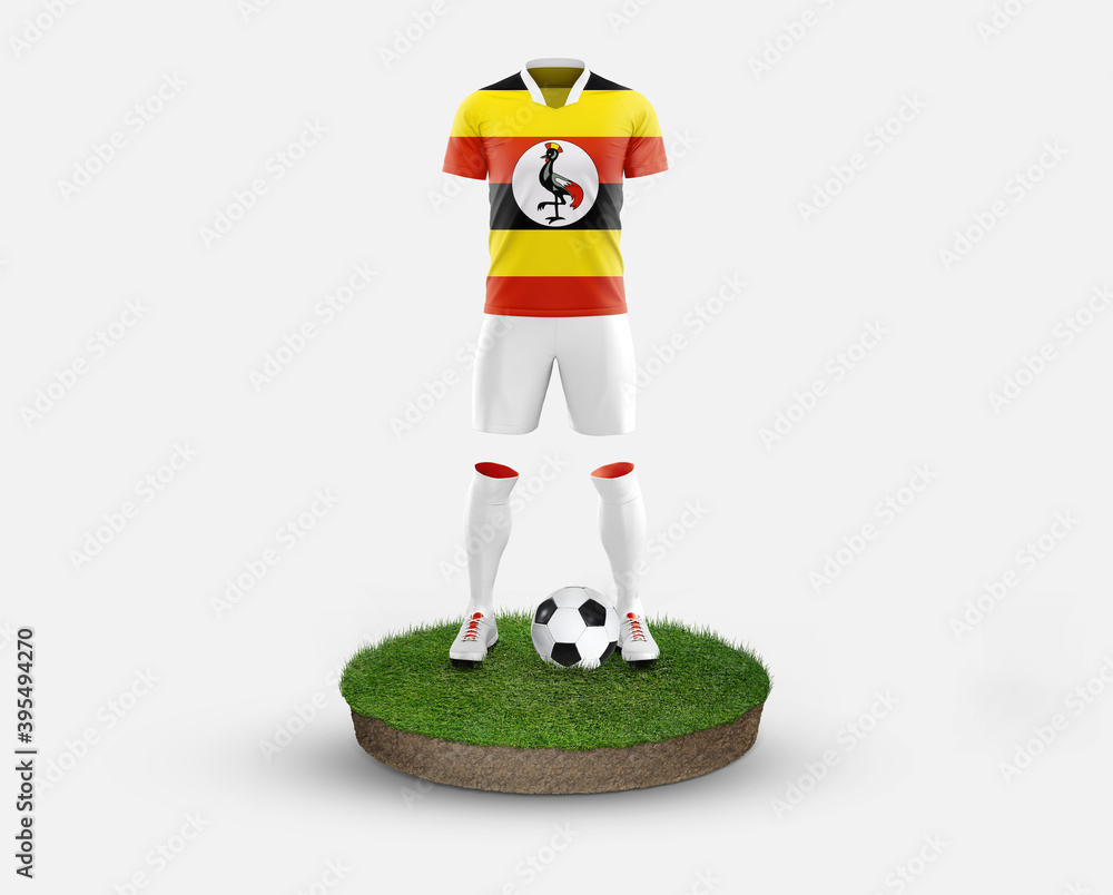 Uganda soccer player standing on football grass, wearing a national flag uniform. Football concept. championship and world cup theme.
