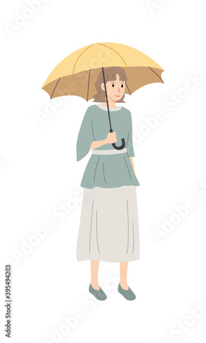 Vector illustration of young woman holding an umbrella. © Una