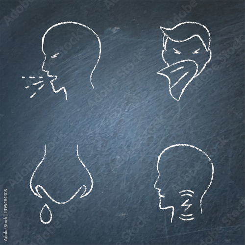Chalkboard respiratory disease symptoms icon collection in line style