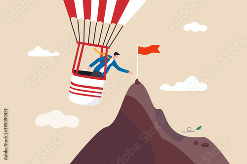 Most efficiency way to reach business goal, tools, assistance or shortcut to help achieve target or destination concept, smart businessman flying balloon reaching mountain peak to grab success flag.