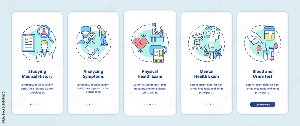 CFS diagnostics onboarding mobile app page screen with concepts. Analyzing medical history and symptoms walkthrough 5 steps graphic instructions. UI vector template with RGB color illustrations CFS diagnostics onboarding mobile app page screen with concepts. Analyzing medical history and symptoms walkthrough 5 steps graphic instructions. UI vector template with RGB color illustrations