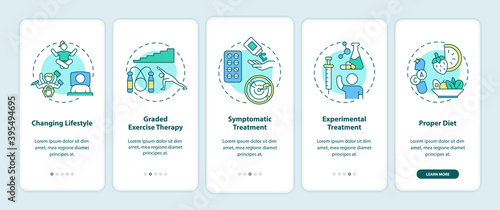 CFS treatment onboarding mobile app page screen with concepts. Changing lifestyle, symptomatic treatment walkthrough 5 steps graphic instructions. UI vector template with RGB color illustrations