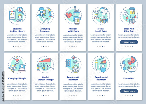 Chronic fatigue syndrome diagnostics onboarding mobile app page screen with concepts set. CFS treatment walkthrough 5 steps graphic instructions. UI vector template with RGB color illustrations © bsd studio