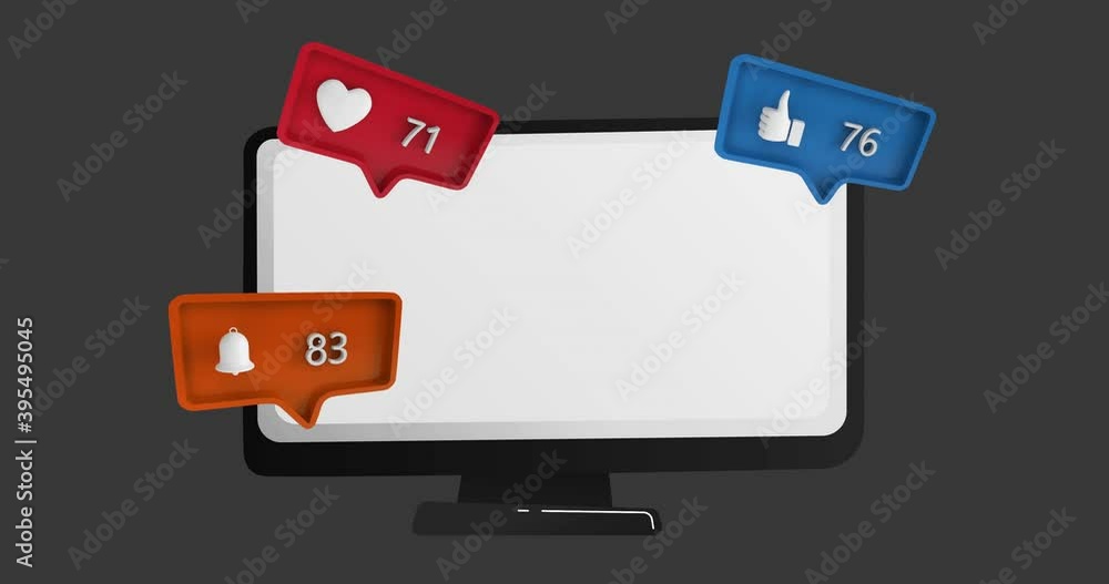 Animation of social media speech bubbles over screen on grey Animation of social media speech bubbles over screen on grey