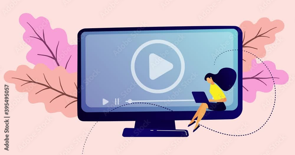 Animation of screen with interface and woman using laptop over leaves Animation of screen with interface and woman using laptop over leaves