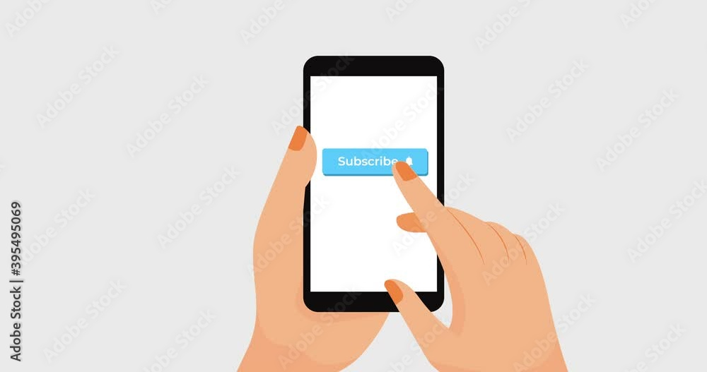 Animation of person holding smartphone with subscribe on screen Animation of person holding smartphone with subscribe on screen