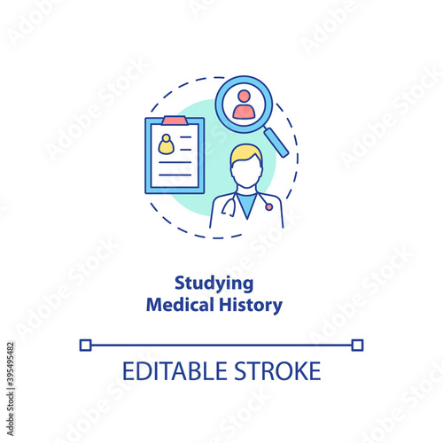 Studying patient medical history concept icon. Anamnesis idea thin line illustration. CFS diagnostics. Physician-patient interaction. Vector isolated outline RGB color drawing. Editable stroke