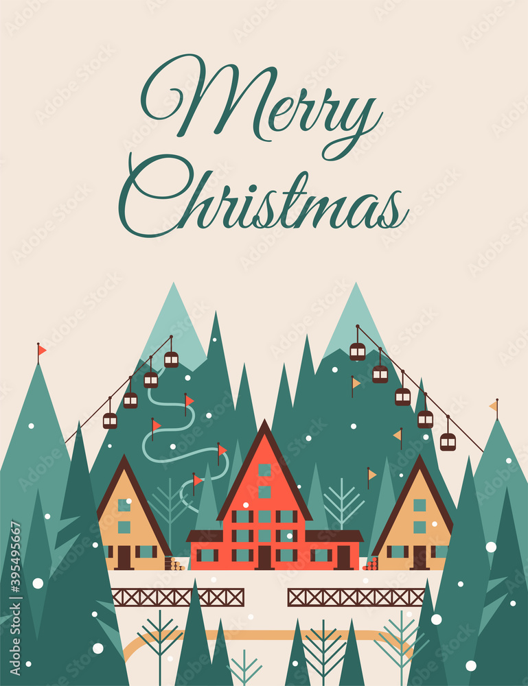 Merry Christmas card with Winter landscape of ski resort town in snowfall. Mountain Village with ski lifts and tracks, country houses, fir trees. Color vector illustration in flat style.