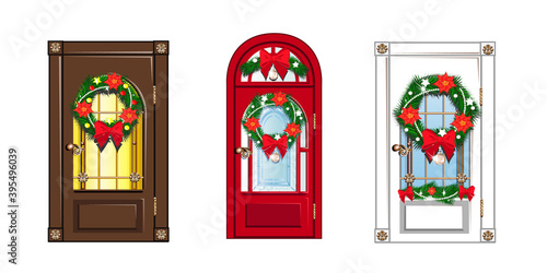 The door is decorated for Christmas with a wreath of Christmas tree branches, balls, beads and red bows. Merry Christmas. Vector illustration.