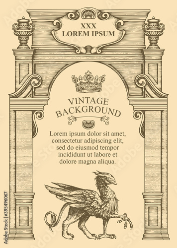 Vintage background or frame for a certificate or diploma in the form of a classic building facade. Vector illustration with a detailed drawing of an ancient architectural structure