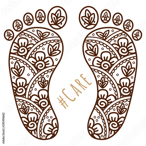 Footprint with floral mehndi ornament. Sketch of legs, skin care theme, pedicure or procedures. Illustration beauty and health. Vector