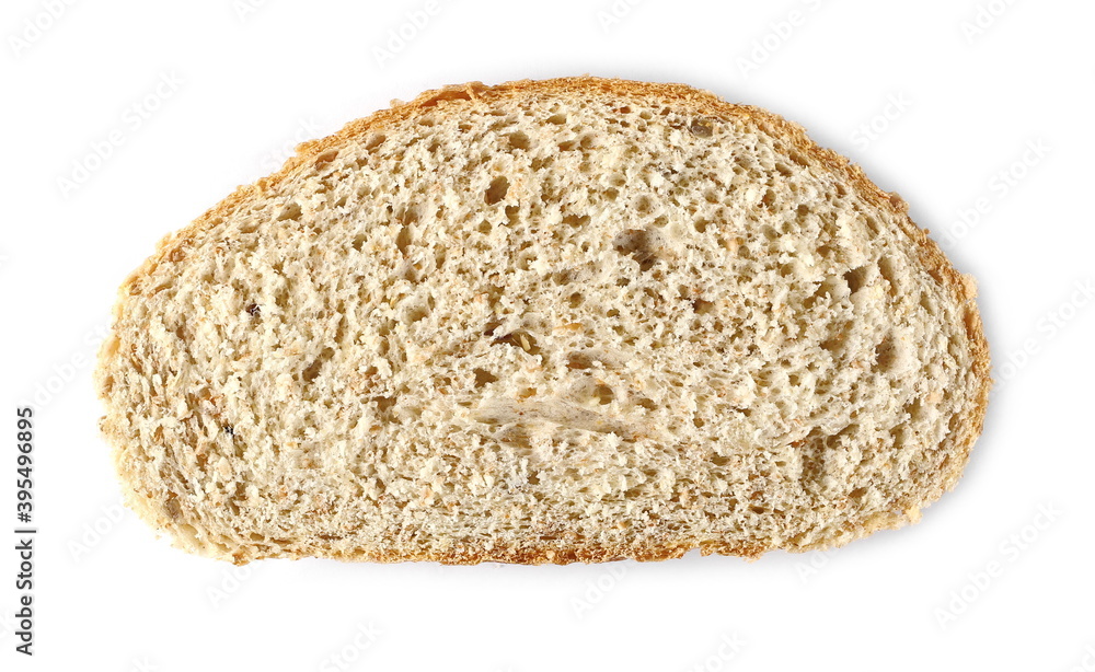 Bread with sesame seeds slice isolated on white background, top view Bread with sesame seeds slice isolated on white background, top view