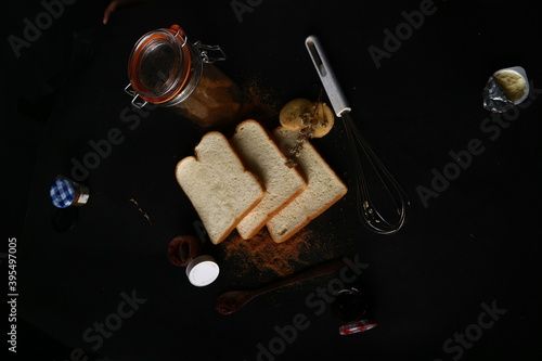flat lay food photography bread butter jam