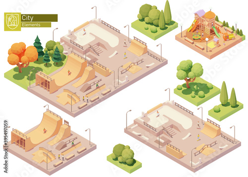 Fototapeta Naklejka Na Ścianę i Meble -  Vector isometric playground and skate park. Modern colorful wooden children playground. Concrete and wooden skatepark for skateboarding. Isometric city or town map construction elements