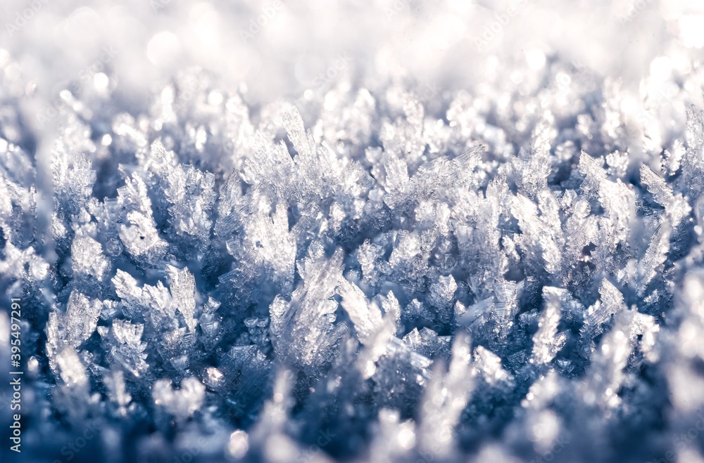 White hoarfrost crystals on flat surface closeup view
White hoarfrost crystals on flat surface closeup view