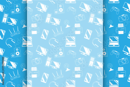 Symbols and images of digital, video and computer equipment. Background for inscriptions, text and lettering. White blurred frosted glass effect