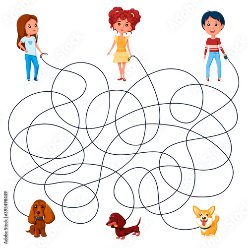 Three children walk the dogs on leashes. Guess where is whose dog is? Children's picture puzzle with tangled lines.