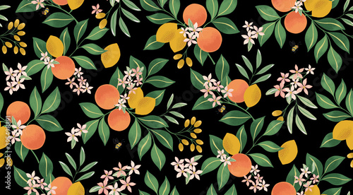 Vector illustration of seamless floral pattern with fruits. Design for cards, party invitation, Print, Frame Clip Art and Business Advertisement and Promotion