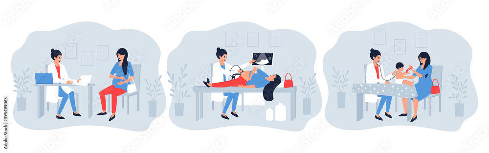 Set of illustrations with a pregnant woman visiting a doctor. The doctor performs an ultrasound examination of a pregnant patient. Mom and baby make a visit to the doctor. Flat vector illustration.