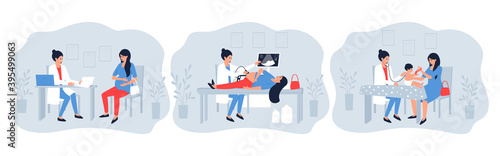 Set of illustrations with a pregnant woman visiting a doctor. The doctor performs an ultrasound examination of a pregnant patient. Mom and baby make a visit to the doctor. Flat vector illustration.