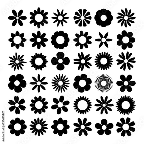 Camomile daisy set. Black chamomile silhouette shape icon. Cute round flower plant nature collection. Love symbol. Growing concept. Decoration element. Flat design. Isolated. White background.